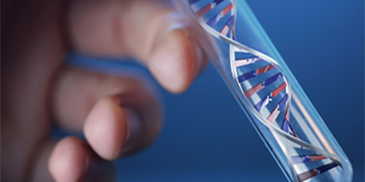 hand with test-tube with red, white, and blue markings